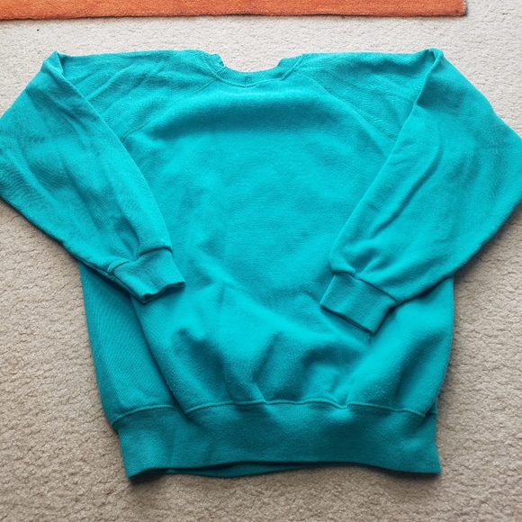 Vintage 90s Hanes Teal Crewneck Art Sweater Medium - Picture 2 of 7